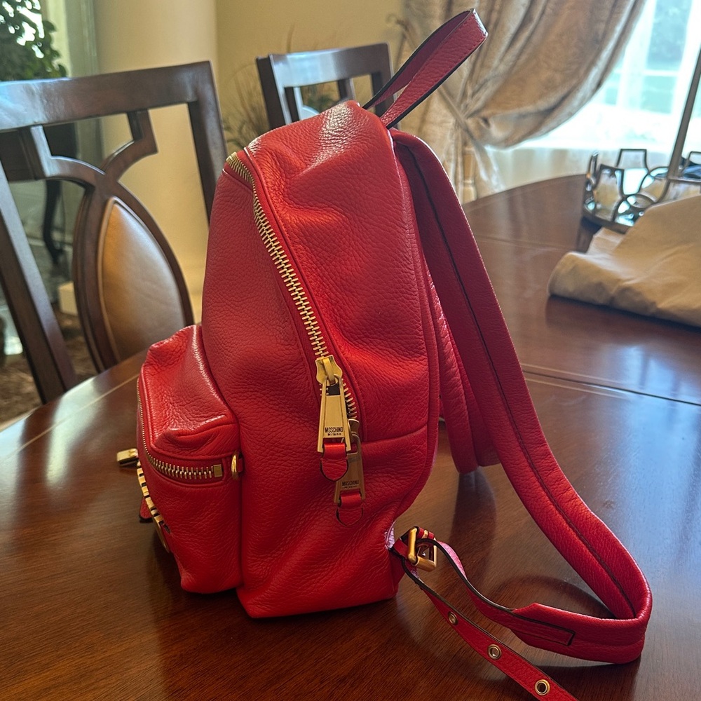 Moschino Red Genuine Leather Mini Backpack with Gold Hardware 9”x11”x5” - Picture 6 of 15
